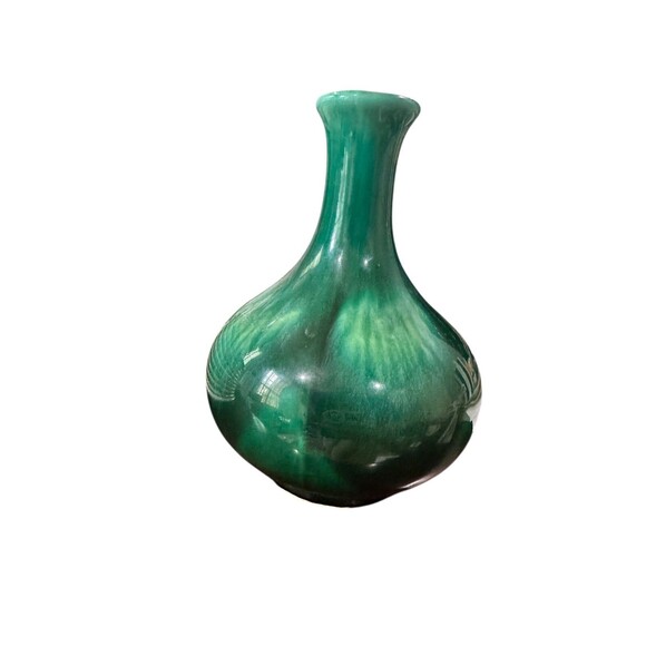 MCM Vintage M.C.I Japan Green Drip Glaze Vase Footed Base Original Sticker - Picture 2 of 5